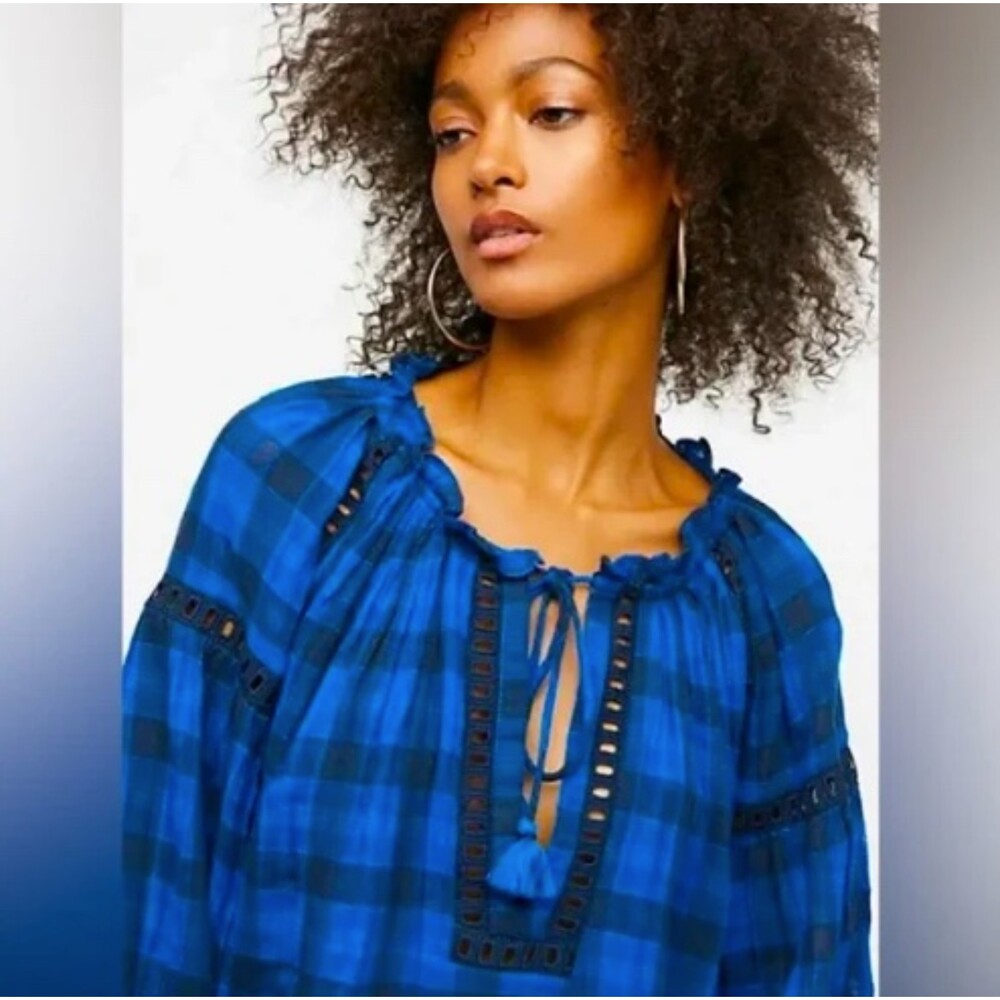 EUC Free People Honey Grove Blue Check Peasant Top S